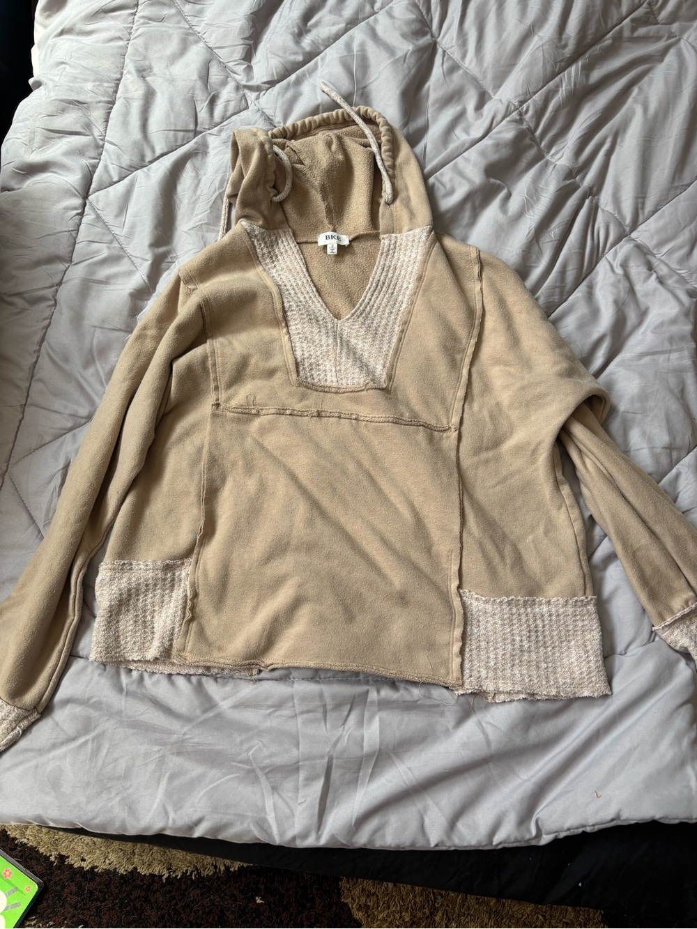 BKE Beige V-Neck Hooded Pullover with Contrast Knit Trim